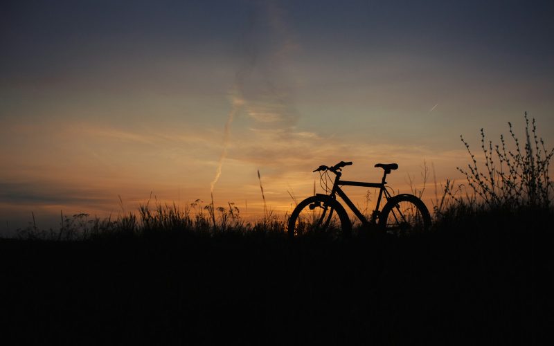 a bike is sitting in the grass at sunset