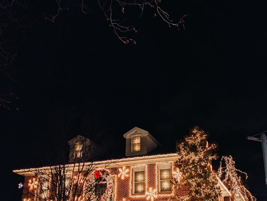 well-lit house at night