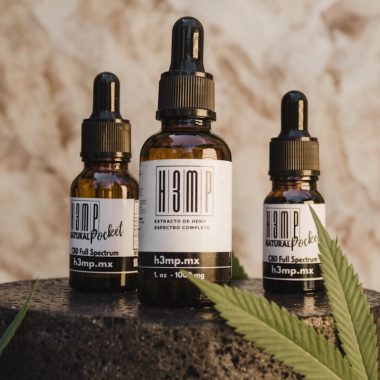 CBD oil bottles with droppers and hemp leaf on display in Tijuana, Mexico. Ideal for wellness and natural remedy themes.